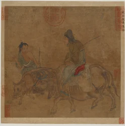 Gammel kvinne på okse, med flokk og kalv, muligens Ming-dynastiet, 1368-1644.