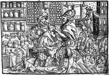 Operasjon på en manns hode. Fra: Den store sårmedisinen av Theophrastus Bombastus von Hohenheim, 1562