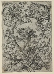 Ornamental løvverk, med en ugle og andre fugler, 1400-tallet.