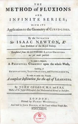 Tittelside til 'The method of fluksjoner og uendelige serier', av Isaac Newton's (1642-1727), publisert i London i 1736, som omfatter de viktigste teoriene som har påvirket vitenskapene betydelig: binomialsetningen, de tre universelle lovene ti