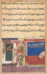 Side fra Tales of a Parrot Tuti-nama: Attende natt: Papegøyen henvender seg til..., ca. 1560.