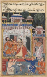 Side fra Tales of a Parrot Tuti-nama: Åttende natt: Den svikefulle kona overfaller, ca. 1560.