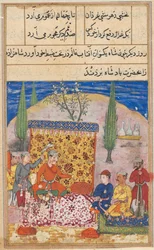 Side fra Tales of a Parrot Tuti-nama: Åttende natt: Den unge prinsen presenteres..., 1558-1560.