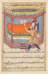 Side fra Tales of a Parrot Tuti-nama: Femtiende natt: Kongen plasserer talismanen..., ca. 1560.