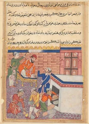 Side fra Tales of a Parrot Tuti-nama: Femtiende natt: Kongens utsending blir levert..., ca. 1