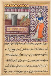Side fra Tales of a Parrot Tuti-nama: Femtiende natt: Papegøyen henvender seg til Khujasta..., ca. 1560.