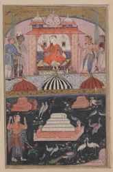 Side fra Tales of a Parrot Tuti-nama: Første natt: Kjøpmannen hører, ca. 1560.