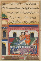 Side fra Tales of a Parrot Tuti-nama: Førtiende natt: Shahr-Arai og kjæresten hennes..., ca. 1560.