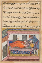 Side fra Tales of a Parrot Tuti-nama: Førtiende natt: Shahr-Arais ektemann..., ca. 1560.
