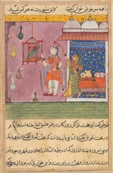 Side fra Tales of a Parrot Tuti-nama: Nittende natt: Papegøyen adresserer..., ca. 1560.