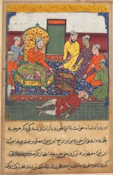 Side fra Tales of a Parrot Tuti-nama: Niende natt: Den gamle mannen spiser av frukten..., ca. 1560.