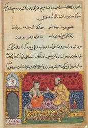 Side fra Tales of a Parrot Tuti-nama: Syttende natt: Den unge mannen..., ca. 1560.