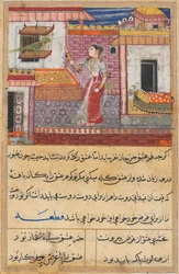 Side fra Tales of a Parrot Tuti-nama: Trettende natt: Papegøyen henvender seg til Khujasta..., ca. 1560