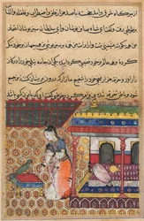 Side fra Tales of a Parrot Tuti-nama: Trettiåtte natt: Papegøyen henvender seg til Khujasta, c1560.