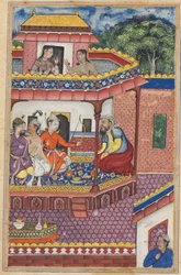 Side fra Tales of a Parrot Tuti-nama: Trettifjerde natt: De tre unge mennene..., ca. 1560.