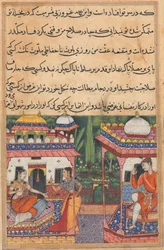 Side fra Tales of a Parrot Tuti-nama: Trettiandre natt: Kaiwan sender en melding..., ca. 1560.