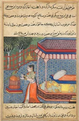 Side fra Tales of a Parrot Tuti-nama: Trettiseksende natt: Papegøyen henvender seg til Khujasta..., ca. 15