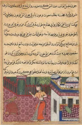 Side fra Tales of a Parrot Tuti-nama: Trettitredje natt: Papegøyen henvender seg til Khujasta..., ca. 15