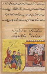 Side fra Tales of a Parrot Tuti-nama: Tjuende natt: De tre frierne begynner igjen, ca. 1560.