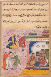 Side fra Tales of a Parrot Tuti-nama: Tjuende natt: Tre friere kjemper..., ca. 1560.