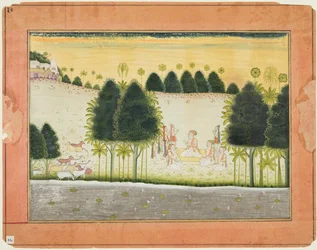 Side fra en Bhagavata Purana: Nanda og de eldste i råd med gopaene, ca. 1690-1700.