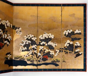 Par skjermer med 6 paneler med gullbakgrunn, Edo-perioden, japansk, 1600-1867