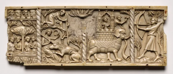 Panel fra en kiste med scener fra Courtly Romances, 1330-1350 eller senere.