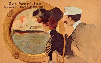 Passasjerer som ser gjennom koøye om bord på en Red Star-fartøy, c1900.