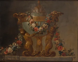 Parfymebrenner støttet av babytritoner og kranset med blomster, 1700-tallet.