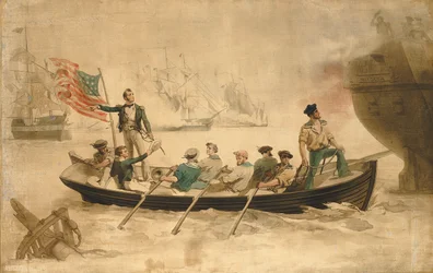 Perry overfører flagget sitt til Niagara, sent på 1800-tallet.