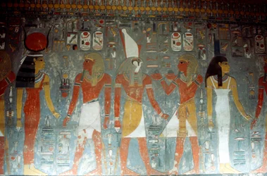 Farao Horemheb med gudinnen Isis og guden Horus, gammel egyptisk, 1300-tallet f.Kr.