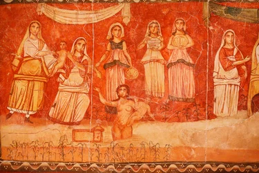 Farao og Moses' barndom, freske fra synagogen i Doura (Dura) Europos, 244-245, og oppbevart på Nasjonalmuseet i Damaskus. Bilde tatt på det jødiske museet i New York under en utstilling.