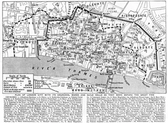Plan for City of London som viser kirker, avdelinger og laughaller, 1926-1927