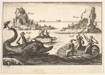 Plansje 15: Elver og gudinner, med flytende øyer styrt av stangbærere, kvinnelige figurer..., 1664.