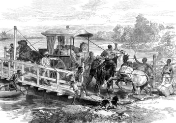 Ponton over Vaal-elven, Klipdrift, sørafrikanske diamantfelter, 1874