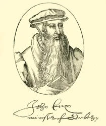 Portrett og autograf av John Knox, c1550-1560, 1890.