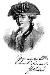 Portrett og autograf av major John Andre, britisk soldat og spion fra 1700-tallet, c1880