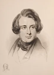 Portrett av Charles Dickens. Skisse av Dickens' søster Fanny, nederst til venstre, 1842.