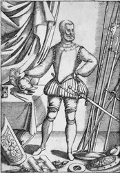 Portrett av Giacomo Di Grassi, som viser våpen som han lærte elevene å bruke, 1575, 1936