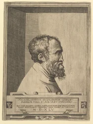 Portrett av Michelangelo i profil vendt mot høyre satt i en fordypning, 1545.