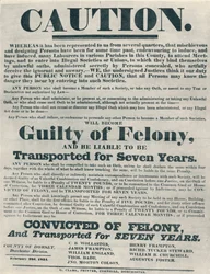 Plakater som advarer de som var skyldige i ulovlige eder, var utsatt for deportasjon, 1834, 1934.