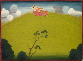 Dwarka med Pradyumna og Mayawati fly, fra Large Basohli Bhagavata Purana, ca. 10-6.