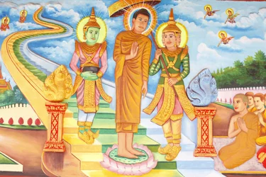 Preah Prom Rath MonasteryLife of the BuddhaBuddha besøker himmelen og møter gudene Indra og Brahma, Siem Reap, Kambodsja