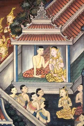 Prins Rama og Sita. Veggdetalj på indre vegger av Vihara fra epoken til kong Rama III som viser Ramakien. Wat Pho - Wat Phra Chetuphon. 1788. Bangkok. Thailand