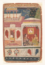 Radha og hennes fortrolige sitter i et åpent rom: Side fra en spredt Rasikapriya, ca. 1680-90.