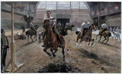 Øver for Royal Military Tournament i Agricultural Hall, Islington, London, 1886