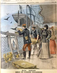 Slipper ut den franske hæren som søker duer om bord på det transatlantiske ruteskipet La Bretagne, 1898