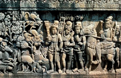Relieff som viser scene fra en sutra, Barabudur, Java, c750-850