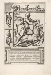 Relieff med Mithras som kneler på en okse og driver et sverd inn i skulderen, til venstre tw..., 1564.