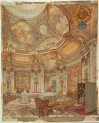 Gjengivelse av Grand Gallery of Honor, Palazzo Paz, Buenos Aires, Argentina, ca. 1890